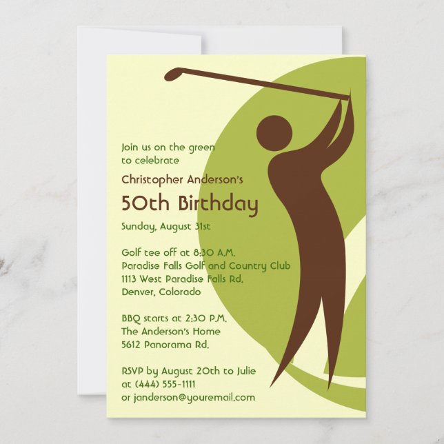 Golfer Golf Golfing Green Brown 50th Birthday Invitation (Front)