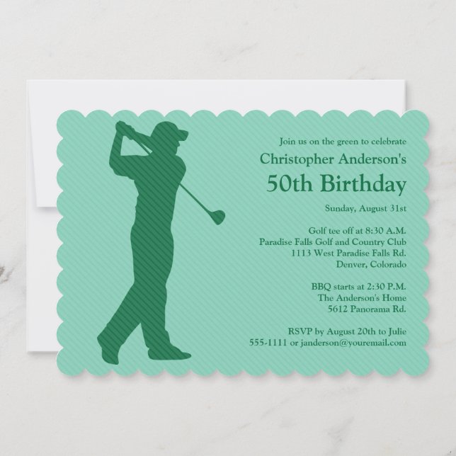 Golfer Golf Green White 50th Birthday Invitation (Back)