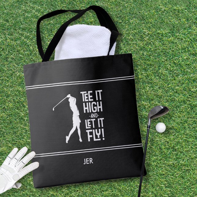 Golfer Golf Humour Funny Sports Modern Black White Tote Bag (Personalized Golfer Golf Humor Funny Sports Modern Black & White Tote Bag For Her.)