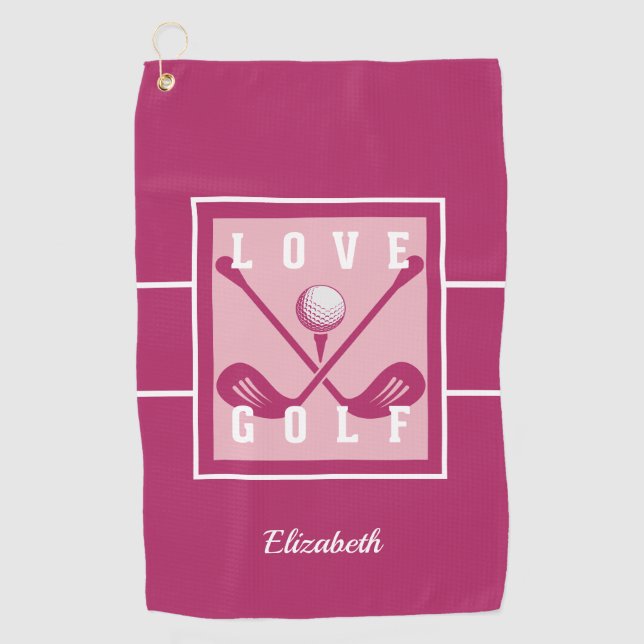 Golfer Golf Womens Modern Monogram Pro Pink White Golf Towel (Front)