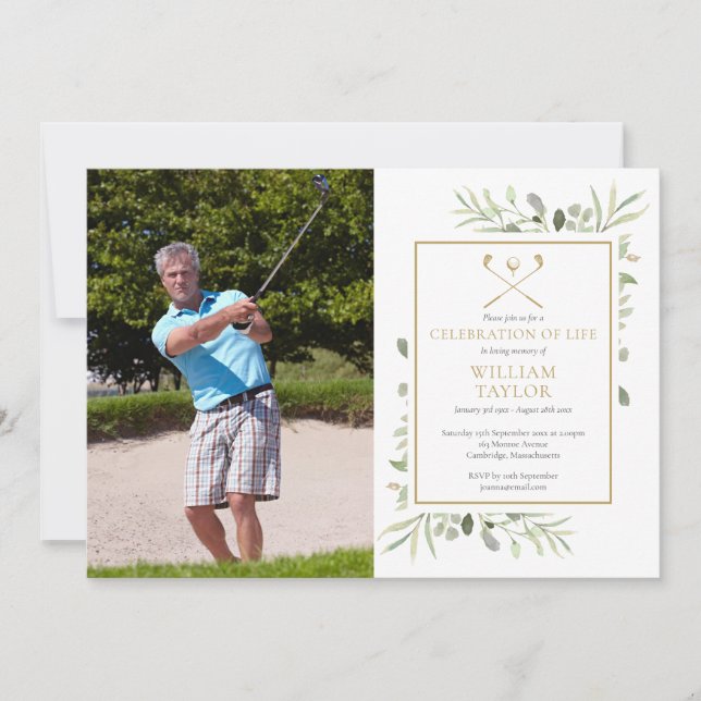 Golfer Greenery Celebration of Life Photo Invitation (Front)