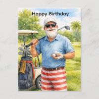 Golfer holding golf ball with text Happy Birthday 