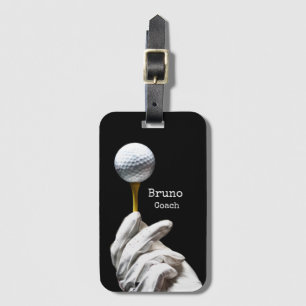 Golfer holds ball on pin ready to tee off luggage tag