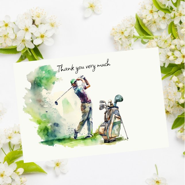 Golfer in golf course watercolor thank you card (Creator Uploaded)