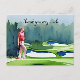Golfer in golf course watercolor thank you card