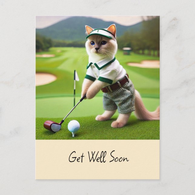 Golfer is golfing for cat lovers to get well soon postcard (Front)