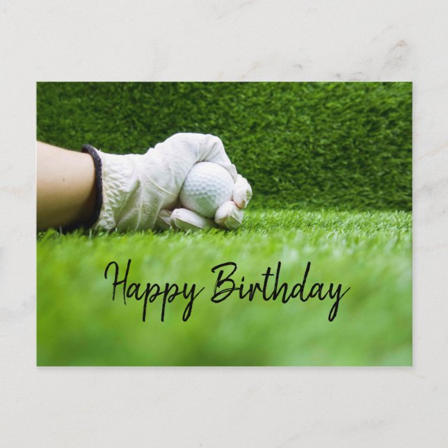 Golfer is holding golf ball on green birthday card (Front)