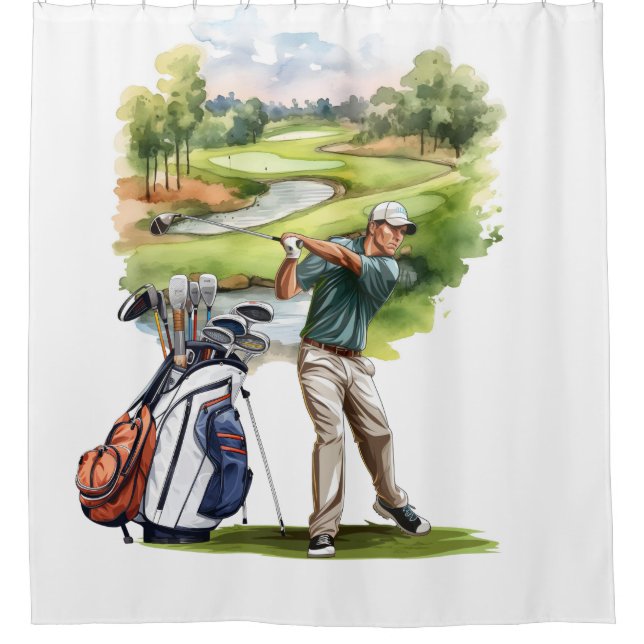 Golfer is on golf course shower curtain (Front)