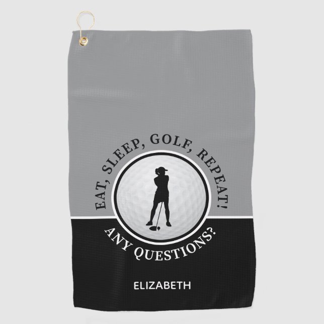 Golfer Lady Silhouette Golf Ball Quote Black Grey  Golf Towel (Front)