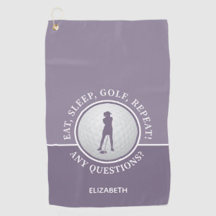 Golfer Lady Silhouette Golf Ball Quote Cute Purple Golf Towel