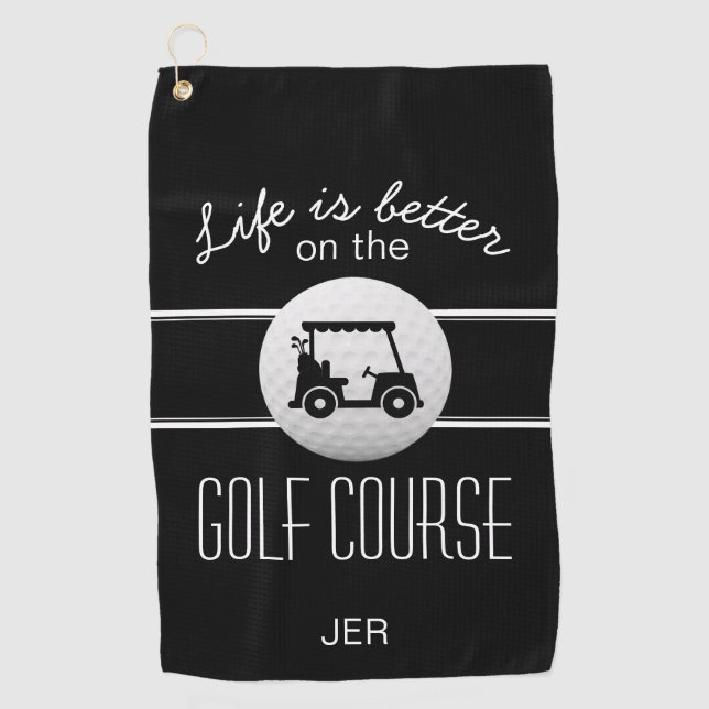 Golfer Life Golf Cart Initials Classic Black White Golf Towel (Front)