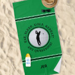 Golfer Male Sports Pro Golf Ball Cute Green Black Beach Towel<br><div class="desc">Modern design features a preppy green background showcasing a realistic golf ball with a male golfer silhouette in classic black accented with white and black colour stripes. Fun golf quote text reads, "Eat, Sleep, Golf, Repeat! Any Questions" in black typography. Customise with name, initials or short line of custom text....</div>