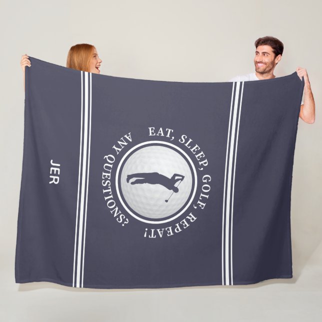 Golfer Modern Sports Monogram Golf Pro Blue White Fleece Blanket (In Situ)