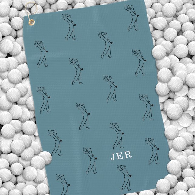 Golfer Monogram Unique Pro Turquoise Black Fun Golf Towel (Golfer Monogram Sports Equipment Turquoise Black Golf Towel)