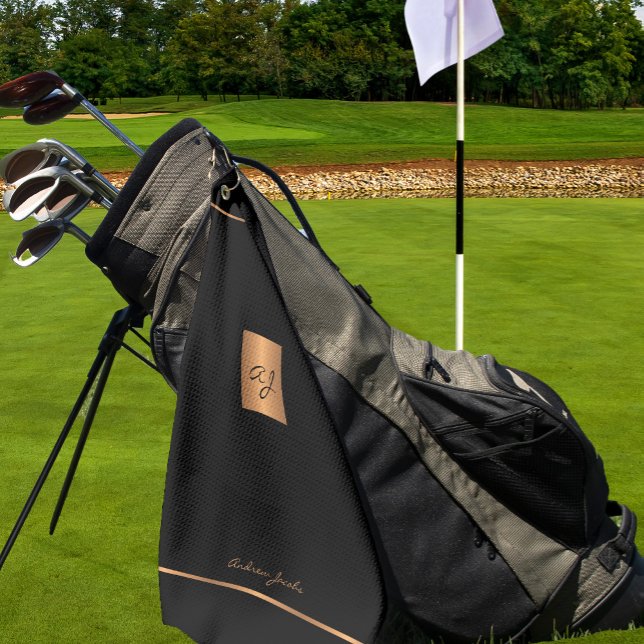 Golfer monogrammed black modern elegant gold golf towel (Creator Uploaded)