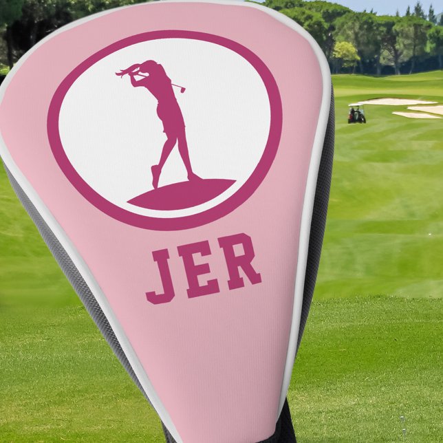 Golfer Monogrammed Silhouette Pink Chic For Her Golf Head Cover (Creator Uploaded)