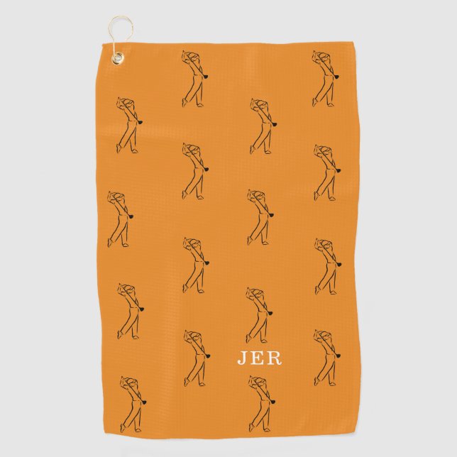 Golfer Monogrammed Sports Equipment Black Orange Golf Towel (Front)
