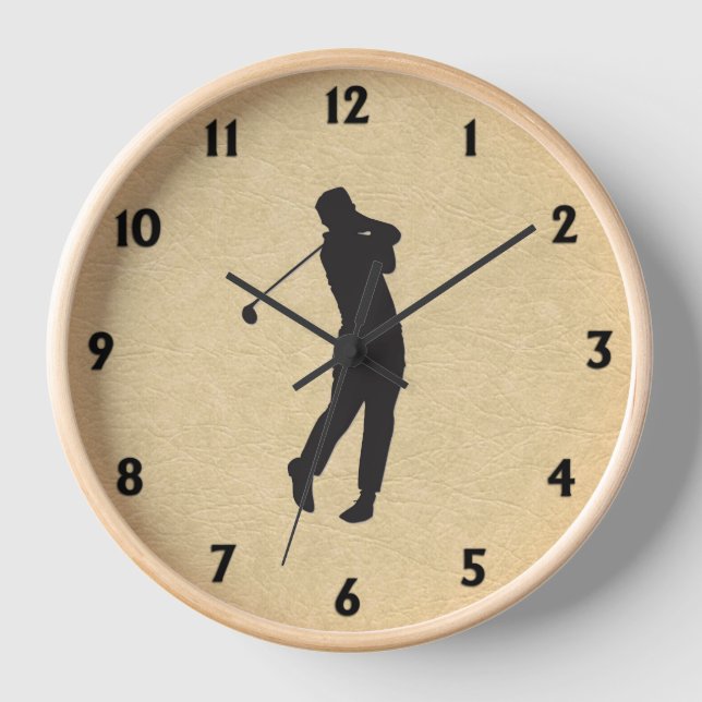 Golfer on Leather Look Black Numbers Square Wall C Clock (Front)