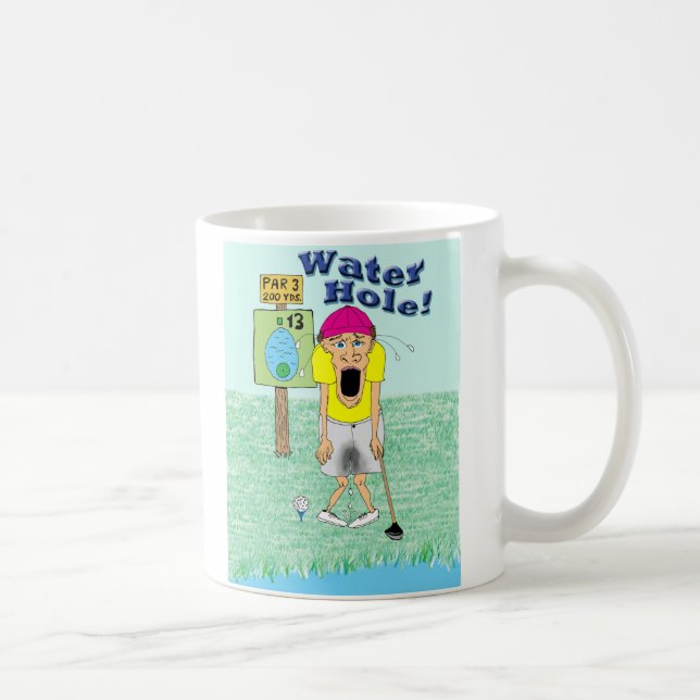 Golfer pees pants at water hole coffee mug (Right)