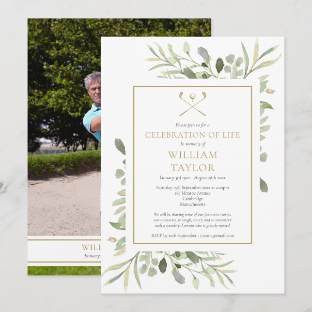 Golfer Photo Celebration of Life Funeral Invitation (Front/Back)