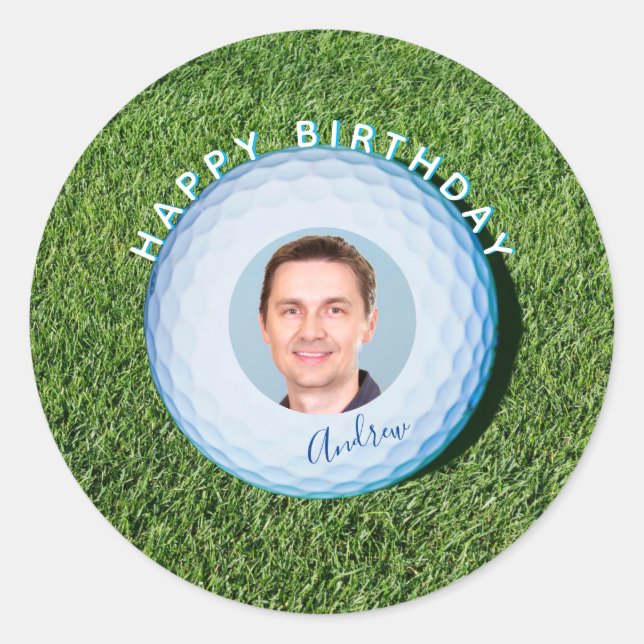 Golfer Photo Signed Golf Ball Birthday Classic Round Sticker (Front)