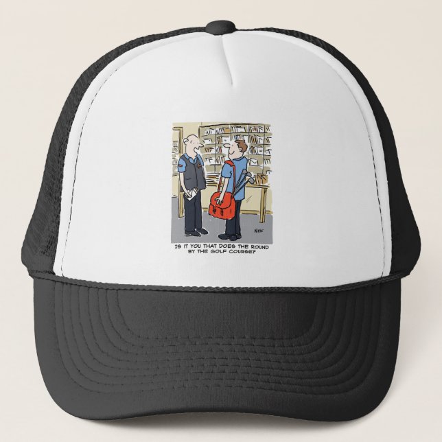 Golfer Postman Loves Golf Cartoon Trucker Hat (Front)