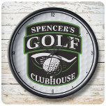 Golfer Pro Golf Player Club Clubhouse Personalized Large Clock<br><div class="desc">Golfer ADD NAME Pro Golf Player Club Clubhouse design - featuring Gold Club Putter,  Golf Ball background and Tee. Customize with your Name or Custom Text!</div>
