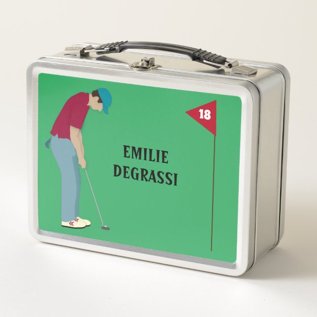 Golfer Putting Ball Themed Green Metal Lunch Box (Front)