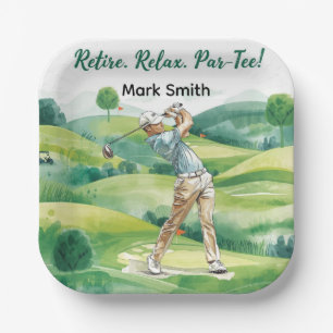 Golfer retirement par tee party golfing on course paper plate