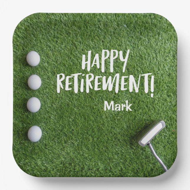 Golfer Retirement Party with golf balls on green Paper Plate (Front)