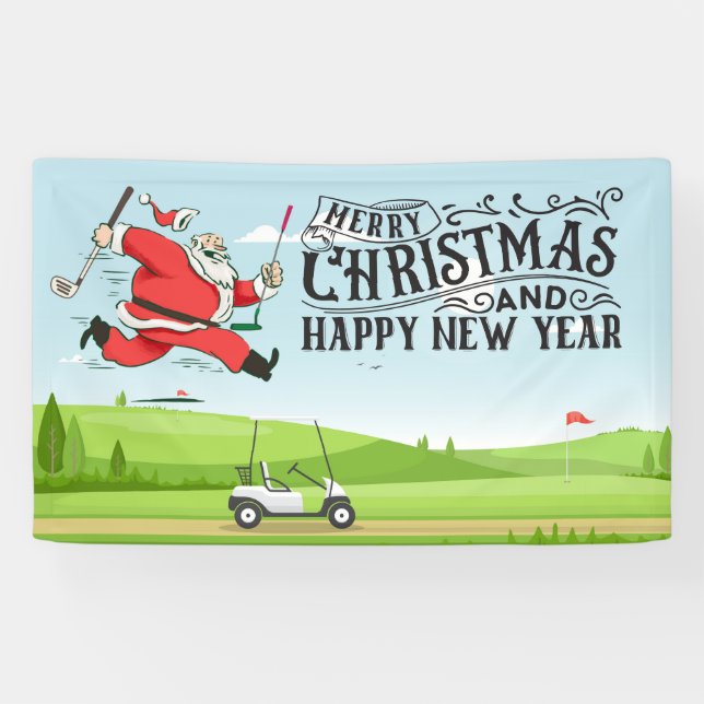 Golfer Santa Claus golfing at course Christmas Banner (Horizontal)