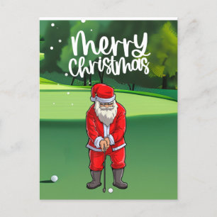 Golfer Santa Claus golfing on green on Christmas Postcard