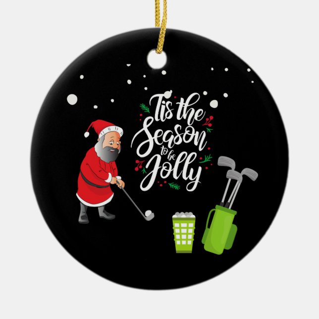 Golfer Santa Claus is golfing under snow Christmas Ceramic Tree Decoration (Front)