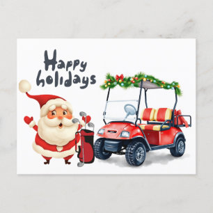 Golfer Santa Claus with golf cart for Christmas Holiday Postcard