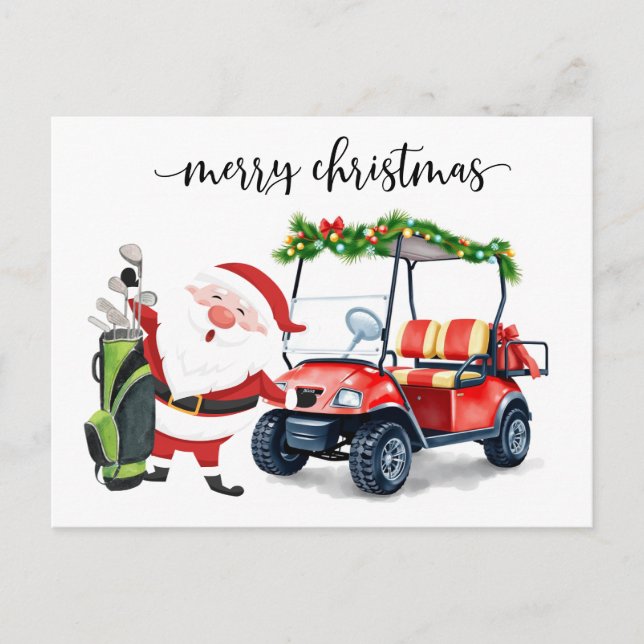 Golfer Santa Claus with golf cart for Christmas Holiday Postcard (Front)