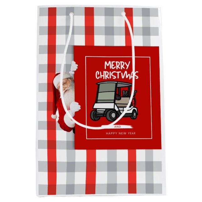 Golfer  Santa Claus with Golf Cart Merry Christmas Medium Gift Bag (Front)
