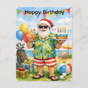 Golfer Santa Hat hold Birthday Cake in Party  Postcard