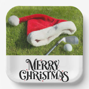 Golfer Santa Hat on Green for Christmas Paper Plate