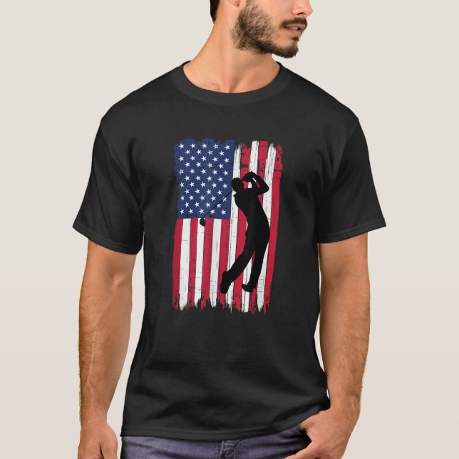 Golfer Silhouette American Flag USA Patriotic T-Shirt (Front)
