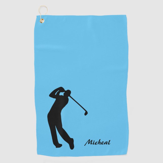 Golfer Silhouette Black Blue Monogram Golf Towel (Front)
