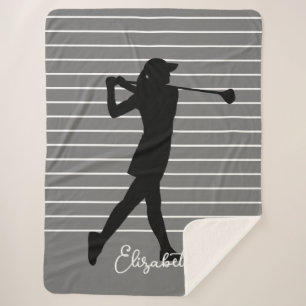 Golfer Silhouette Female Monogram Name Black Grey  Sherpa Blanket