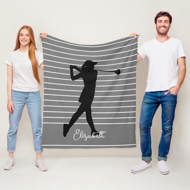 Golfer Silhouette Female Monogram Name Grey Black Fleece Blanket (In Situ)