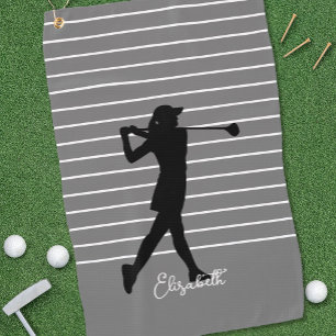 Golfer Silhouette Monogrammed Name Black Grey Golf Towel