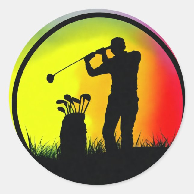 Golfer Silhouette Playing Golf at Sunset Classic Round Sticker (Front)