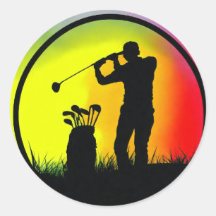 Golfer Silhouette Playing Golf at Sunset Classic Round Sticker