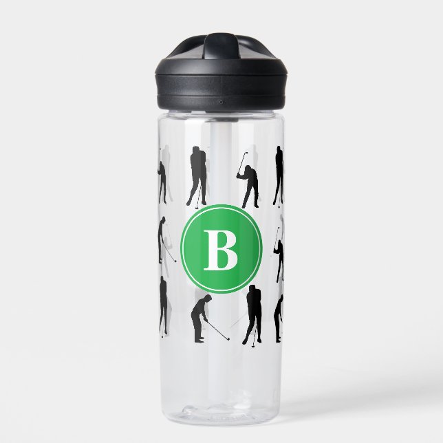 Golfer Silhouettes Pattern Monogram Water Bottle (Front)