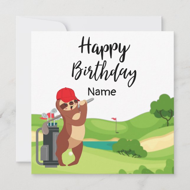 Golfer sloth is golfing on green birthday  card (Front)