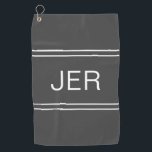Golfer Sports Grey Modern Monogrammed Game  Golf Towel<br><div class="desc">Classic design features custom monogrammed initials in white shadowed font on a masculine charcoal grey background centred between double matching stripes. Customise with the easy-to-use template. Be sure to see our integrated collection of coordinating colours and golf accessories on other matching products in the collection link at the bottom of...</div>