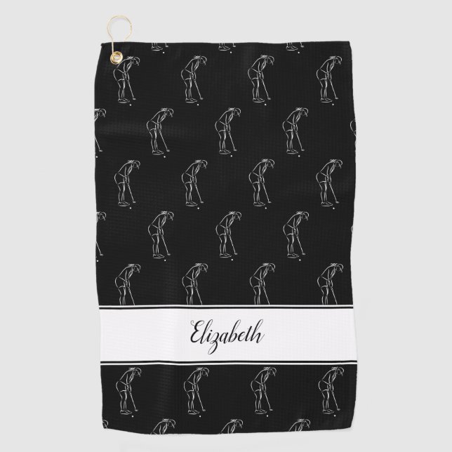 Golfer Sports Pro Pattern For Her Name Black White Golf Towel (Front)