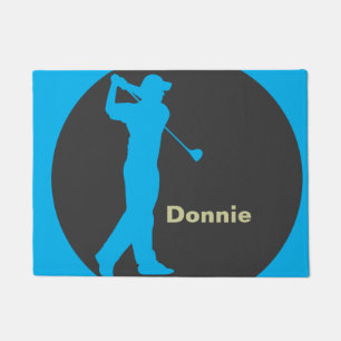 Golfer Swinging Club Green Khaki Golf Personalized Doormat